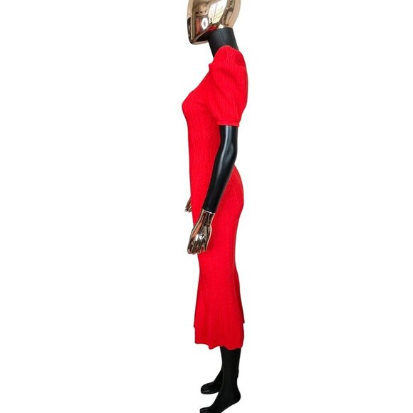 Ronny Kobo Red Knit Midi Dress Puff Sleeve Square Neck Stretch Bodycon Designer - Picture 4 of 11